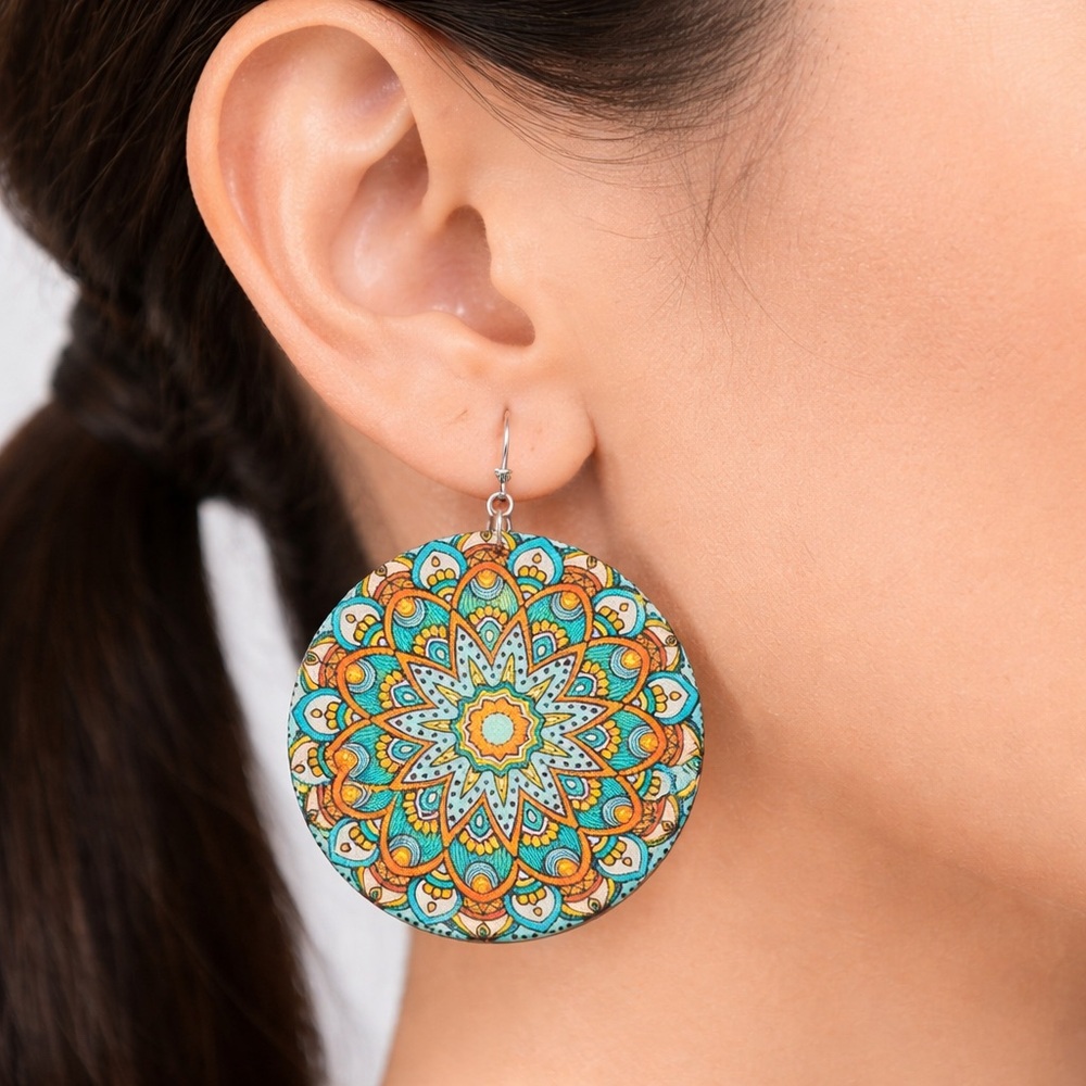 Bohemian Mandala Disc Dangle Earrings – Colorful Lightweight Wood